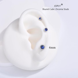 Sterling Silver Stud Earrings for Women Men Girls, 1 Pairs Small Blue Cubic Zirconia Stud Earrings, Hypoallergenic Tiny Sleeper Cartilage Tragus Earring Multiple Pirercings for Teens Kids, 4mm