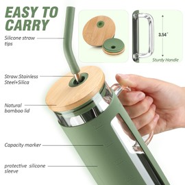 Kodrine Tumbler with Lid and Straw, 24 oz Glass Tumbler with Handle, Iced Coffee Cup Boba Smoothie Cup, Coffee Tumbler Water Tumbler Cups with Bamboo Lid Home Office Tumblers, Olive