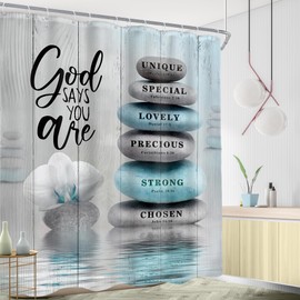 AMBZEK Bible Verse Scripture Shower Curtain 72Wx72L Inch Teal Christian Zen Stone Spa Meditation Relaxing Asian Lotus Artwork Cloth Fabric Waterproof Polyester Bathroom Decor Set with 12 Pack Hooks