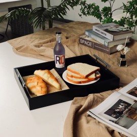 JJSQYLAN Wooden Serving Tray with Handles Rectangle Breakfast Tray for Coffee Table Decorative Ottoman Tray 16”x 12” for All Occasion's (Blck)