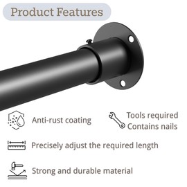 Venwemong Wardrobe Rail,70-90cm Extendable Clothes Hanging Pole, Stainless Steel with Fixing Sockets for Closet & Storage, Black, Diameter 25mm