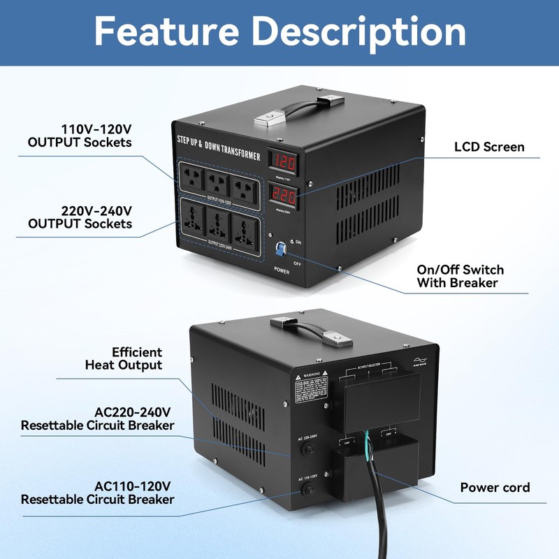 5000W Voltage Transformer Step Up/Down, 110V/220V Voltage Converter, Manual Rewiring