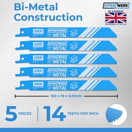 EffektWerk - Reciprocating Saw Blades for Metal - 5 Pieces - 6" / 150mm Bi-Metal Cutting Saw Blade Set - 14 TPI
