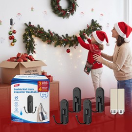 TAILI Adhesive Double Hooks for Hanging, 4 Coat Hooks & 6 Strips, Heavy Duty No-Drill Removable Large Wall Hanger for Towel, Backpack, Hat, Door,Kitchen Home Decor, Decorative Holder - Matte Black