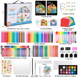 Shuttle Art 335 Piece Kids Art Set, Multi-Media Art Supplies, Gift Art Kit with Trifold Easel, 2 Drawing Pads, 2 Coloring Books, Oil Pastels, Crayons, Watercolors, Markers, Colored Pencils (Black)