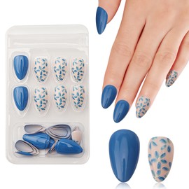 Flower Press on Nails Short Almond Small Flowers Medium Press on Nails Blue Fake Nails French Tip Full Cover Glue on Nails Floral False Nails Reusable Full Cover Acrylic Stick on Nails for Women 30Pcs