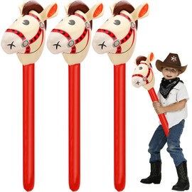 Hobby Horse Riding Horse Inflatable Hobby Horse Pack of 3 Inflatable Horse Stick Horse for Children Inflatable Rod Horse Toy Horses for Girls and Boys Horse Head Rods (Red)