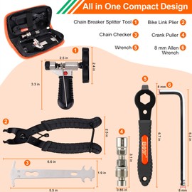 Bike Chain and Crank Repair Tool Kit with Bag, Chain Breaker & Link Pliers & Chain Measuring/Checker + Crank Puller, Must-Have for Cyclist for Emergency/Repairs/Removing/Replacing/Maintenance/Gift