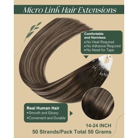 Ugeat 22inch Micro Hair Extensions Real Human Hair Brown Micro Beads Hair Extensions Human Hair Dark Brown with Ash Blonde Balayage Micro Ring Pre Bonded Hair Extensions 50G 50S