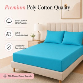 EXQUIZIT HOME Fitted Bed Sheet with Pillowcases Pack of 2 – Plain Dyed Poly Cotton Percale Easy Care 180TC, Soft & Durable 50% Cotton 50% Polyester, Teal, King