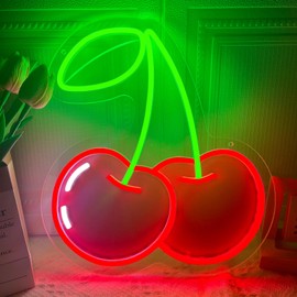 Cherry Neon Sign for Wall Decor, Dimmable Red Green Cherries Neon Lights, Vibrant Fruit Themed Neon LED Signs for Kids Room, Bedroom, Restaurant, Bar, Club, Fruit Shop, Birthday Party (Cherry)