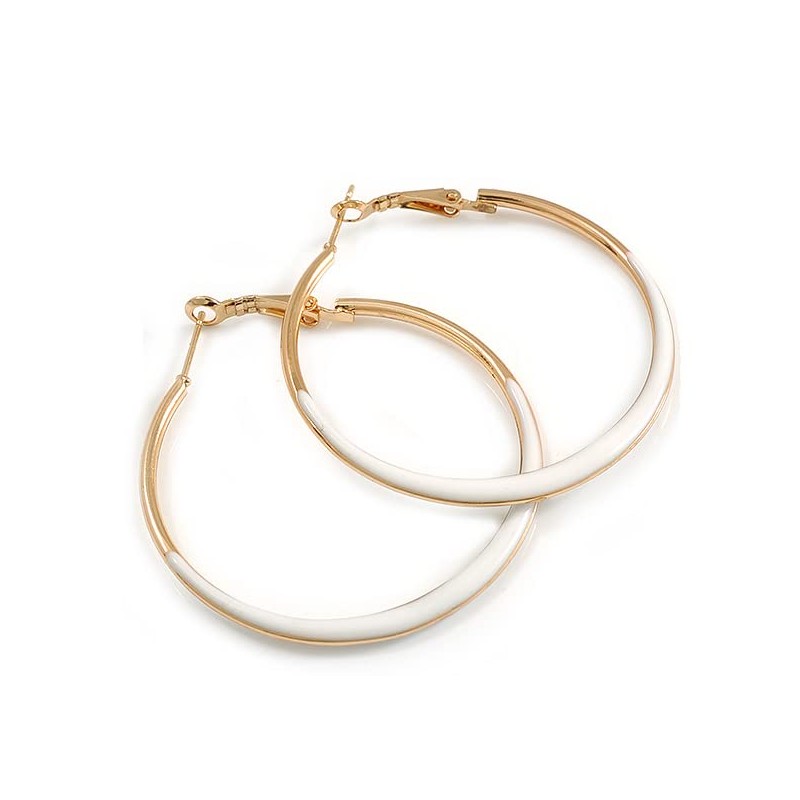 50mm Diameter/Gold Tone with White Enamel Hoop Earrings/Large Size