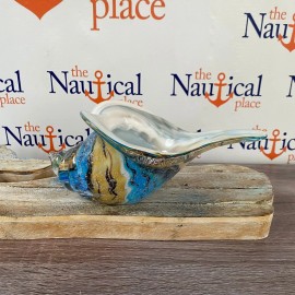 Unmarked Large 9.5" Glass Shell Figurine, 2 lbs., Blue & Tan Accents, Hand Blown Nautical