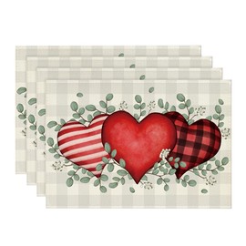 Artoid Mode Buffalo Plaid Eucalyptus Hearts Mother's Day Placemats Set of 4, 12x18 Inch Wedding Holiday Table Mats for Party Kitchen Dining Decoration