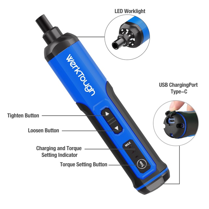 PowerTough 4v Mini Electric Cordless Screwdriver with 3-Gear Torque, 5Nm