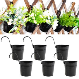 Joyfernal 6 Pcs Black Railing Planter, 6 Inch Metal Hanging Planters for Outside Balcony Rails Fence with Detachable Hooks, Flower Pots Outside for Garden Patio (Black, Pack of 6)