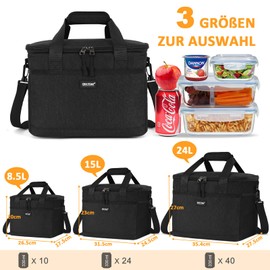 CALIYO Cool Bag, Lunch Bag, Foldable for Men and Women, Insulated Bag with Zip for Work, School and Travel, 8.5 L/15 L/24 L (Black)