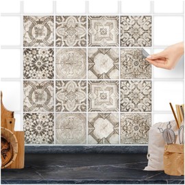 FoLIESEN - Fliesenaufkleber | Selbstklebende Fliesen-Folie für Bad & Küche | Deko Klebe-Folie für Wandfliesen Küchenrückwand & Bordüren | Patchwork Vintage, 15x15 cm / 16-TLG. Set