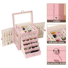 BOOVO Jewelry Box For women, 6 Layer Large Jewelry Organizer With Mirror, Multi-Function Storage Box With Lock, Accessory Holder With 5 Drawers, For Earrings Necklace Ring Bracelet (Pink)