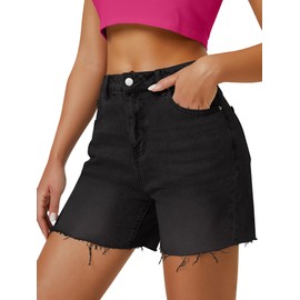 AUWUKA Womens High Waist Jean Shorts Wide Straight Leg Microelastic Long Denim Mom Shorts, Black, 8