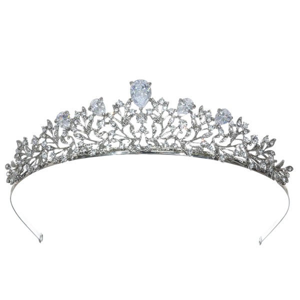 Elegant Rhodium Plated CZ Crystal Flower Meadow Tiara Bridal Crown T1269