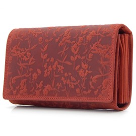 ekavale Women's Wallet with Flower Pattern, RFID Protection, Leather Wallet, Long Format with Press Stud, red, Classic