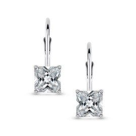 Classic Bridal Princess Cut Cubic Zirconia Solitaire Square AAA CZ Leverback Earrings For Women Wedding .925 Sterling Silver 5MM