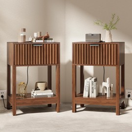 Nasonet Night Stand Set 2, Fluted Nightstand with Charging Station, Wood Bedside Table with Drawer & Storage Shelf, Modern End Tables for Bedroom Sofa Couch Office, Walnut