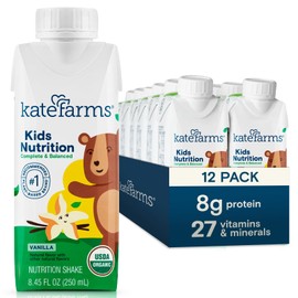 KATE FARMS Organic Kids Nutrition Vanilla Shake, 8g Protein, 27 Vitamins and Minerals, Meal Replacement, Gluten Free, Non-GMO, 8.45 oz (12 Pack)