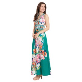 London Times Sleeveless V-Neck Maxi Casual Dresses for Women, Jade Green/Hot Pink