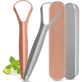 Paquete de 2 raspadores de lengua para adultos, limpiador de lengua, rascador de lengua de metal con estuche de transporte de viaje, rascador de lengua de acero inoxidable, alcance