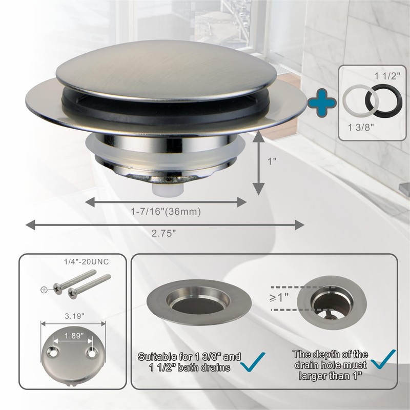 Brushed Bathtub Stopper Tub Drain,Welsan Universal Pop Up Tub Drain