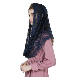 BEAUTELICATE Lace Mantilla Scarf Veil Tulle Stole Black Blue For Women Church Mass Chapel Catholic Bride V115, Infinite Shape - Navy Blue