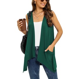 Wiwclo Trendy Sleeveless Cardigans for Women Lightweight Vest with Pockets Casual Soft Knit Open Front Cardigan High Low Hem, c12-dark green-sleeveless, S