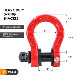 KATSU Tools Tow Shackles 2PK 7/8" Security Pin and Washers, Heavy Duty Galvanized 68,000lbs Break Strength Stronger Than 3/4" D Rings, Use with Tow Strap, Winch Rope for 4x4 Off-Road Recovery, Red