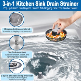 Auspok Upgraded 3 in 1 Kitchen Sink Drain Strainer Set, 304 stainless steel sink stopper, silicone anti-clogging catcher basket,3-layer leak-proof silicone ring Filter for US standard 3-1/2 inch drain