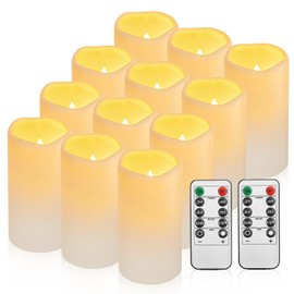 Waterpoof Flameless Remote Control Candles 12PACK（D3''*H5.5''） Battery Operated Flickering LED Pillar Candle，plastic with 10-Key 24Hours Timer for Outdoor/Indoor Party Garden Lanterns Porch Ivory
