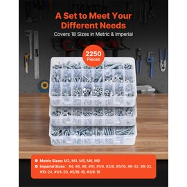 VEVOR 2250 Pcs Bolts and Nuts Assortment Kit, Metric + Imperial Machine Screws and Flat Washers, Alloy Steel M3/M4/M5/M6/M8 Multiple Size, for Equipment/Vehicle Assembly,Galvanized White