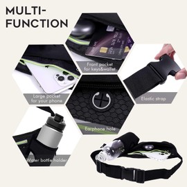 Eslazoer Running Belt Sport Waist Pack with Water Bottle Holder Fanny Pack Reflective Stripes Cellphone Storage Earphone hole for Dog walker Hiking Travel with 2 zipped pockets