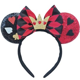 Nanlleve Mouse Ear Headbands Sequin Bow Ears Headbands for Women Adults Cute Hair Accessories for Costume Cosplay Princess Birthday Party Decorations (Red Queen)
