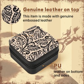 DEEKA Western Jewelry Box Case Real Leather Black and Beige Embossed Tooled Travel Jewelry Organizer Gifts Christmas Gifts for Women Country Girls Cowgirl Stuff Portable Travel Accessories -Black