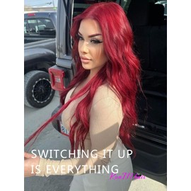 RunM Long Burgundy Wavy Wig for Women 26 Inches Long Curly Wavy Lace Wig Heat Synthetic Middle Part Natural Looking Silky Wig for Daily Use