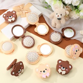 Maxdot 12 Pcs Baby Bear Mini Detangler Hair Brush Kids Cartoon Folding Pocket Mirror Brushes Cute Travel Comb with Compact Makeup Mirror for Straight Curly Hair Team Birthday Party Gift