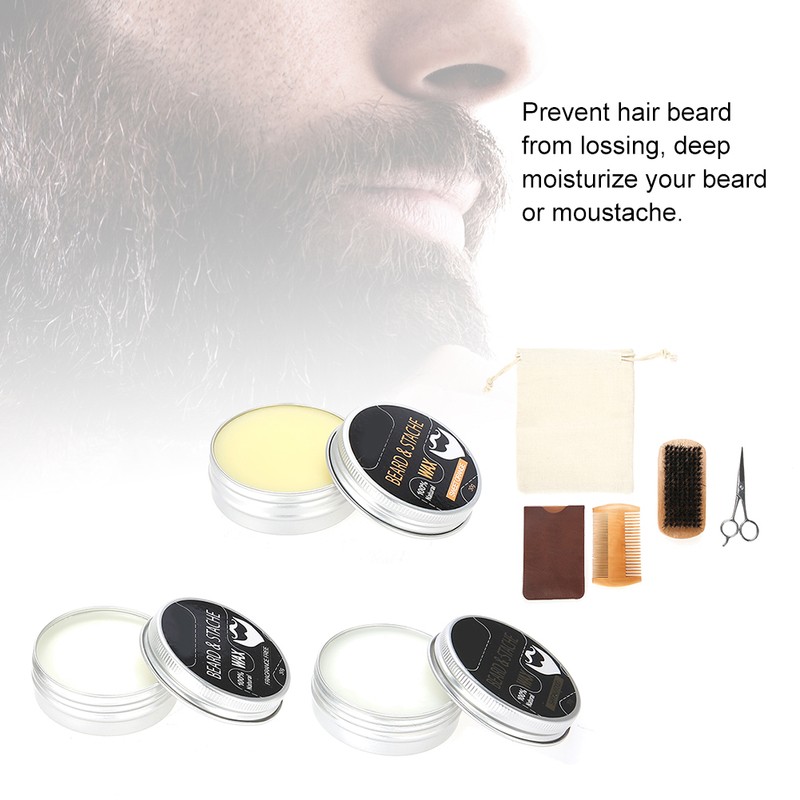 3pcs Beard Care Kit Balm Comb Brush Scissor Comb Bag