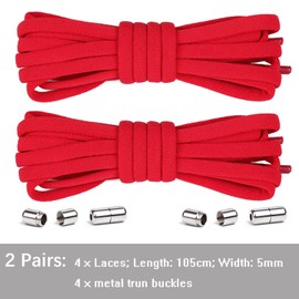 Olukssck 2 Pairs of Elastic Shoelaces with No Tying - Quick Lacing System with Metal Lock, Set for Runners, Children, 105 cm Length, Diameter 5 mm, Red