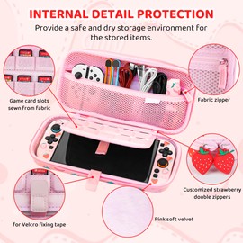FUNDIARY Pink Carrying Case for Switch 2 with Strawberry Design, Shockproof Accessories Kit with Slim Portable Storage Travel Bag, Protective Cover Case, Screen Protector, Shoulder Strap & 2 Thumb Caps