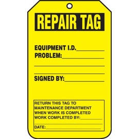 Accuform Signs TRS242CTP Status Record Tag, Legend"Repair TAG", 5.75" Length x 3.25" Width x 0.010" Thickness, PF-Cardstock, Black on Yellow (Pack of 25)