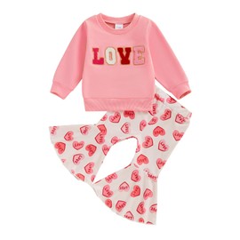 Gueuusu Toddler Valentines Outfit Pink Love Long Sleeve Sweatshirt Heart Flared Pants Spring Clothes Set (Pink, 6-12 Months)
