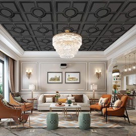 STICKGOO Black Drop Ceiling Tiles 2ft x 2ft, Glue Up Ceiling Panels 24 x 24in, Waterproof, Premium PVC to Prevent Breakage, 12 Pack Cover 48 Sq. Ft