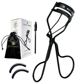 Beauty Power Eyelash Curler - Crimps & Curls Lashes for Perfect, Eye-Framing Fringe - Gentle & Safe - Includes 2 Replacement Pad - Brush for Eyebrows - Sating Travel Bag (Black)